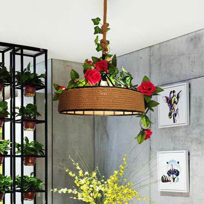 Factory Round Cage Drop Pendant 1-Bulb Hemp Rope Flower Hanging Light Fixture in Black, 12