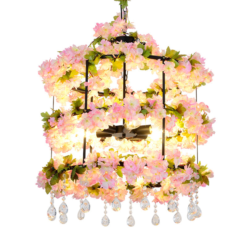 6 Bulbs Iron Chandelier Lighting Antique Black Cylindrical Cage Flower Suspension Light with Crystal Drop, 27.5