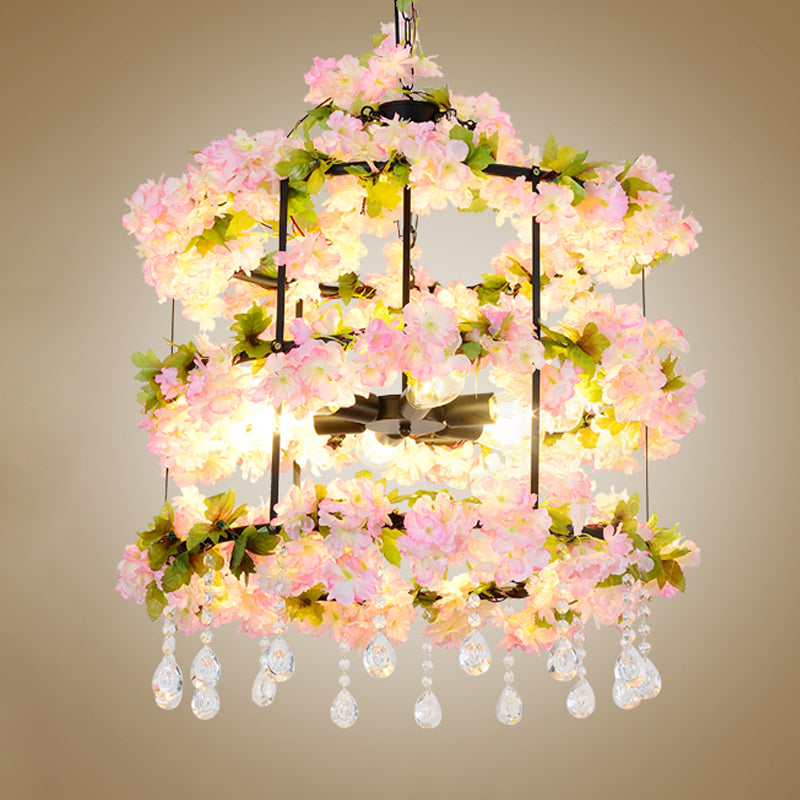 6 Bulbs Iron Chandelier Lighting Antique Black Cylindrical Cage Flower Suspension Light with Crystal Drop, 27.5