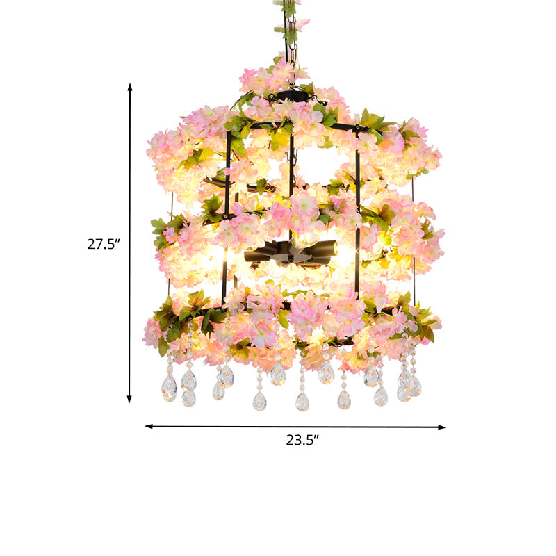 6 Bulbs Iron Chandelier Lighting Antique Black Cylindrical Cage Flower Suspension Light with Crystal Drop, 27.5