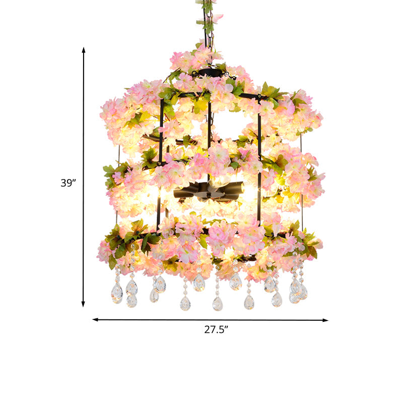 6 Bulbs Iron Chandelier Lighting Antique Black Cylindrical Cage Flower Suspension Light with Crystal Drop, 27.5