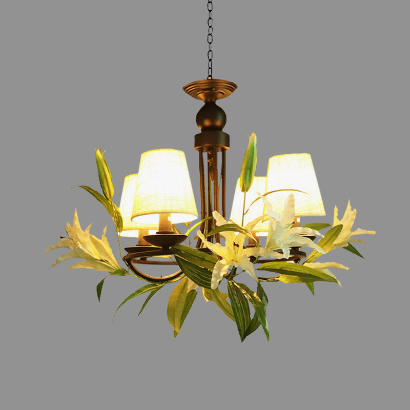 4 Bulbs Conical Chandelier Light Farmhouse Black Fabric Hanging Lamp with Lily Decoration Clearhalo 'Cast Iron' 'Ceiling Lights' 'Chandeliers' 'Industrial Chandeliers' 'Industrial' 'Metal' 'Middle Century Chandeliers' 'Rustic Chandeliers' 'Tiffany' Lighting' 1458262