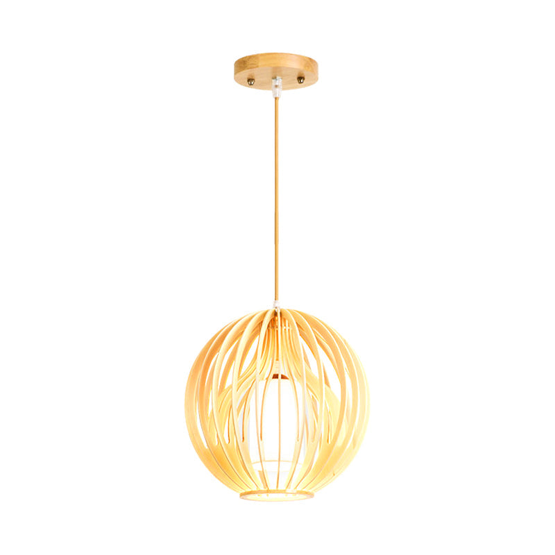 Asia Style 2-Layer Cage Pendant Wooden 1 Head Dining Room Ceiling Light in Beige with Interior Fabric Shade Clearhalo 'Ceiling Lights' 'Pendant Lights' 'Pendants' Lighting' 1458320