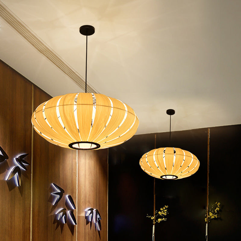 Wood Strap Lantern Pendant Lighting South East Asia 3-Bulb Beige Hanging Ceiling Light for Bistro Clearhalo 'Ceiling Lights' 'Chandeliers' Lighting' options 1458324