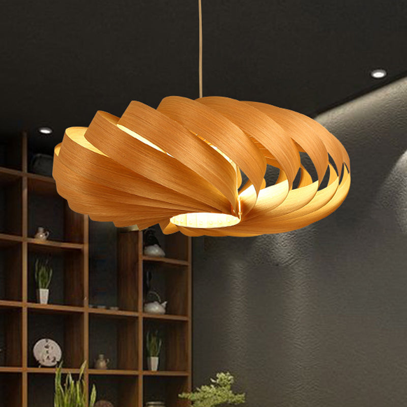 Asian 1 Head Hanging Pendant Light Wood Beige Twisted Lantern Ceiling Lamp over Dining Table Clearhalo 'Ceiling Lights' 'Pendant Lights' 'Pendants' Lighting' 1458328