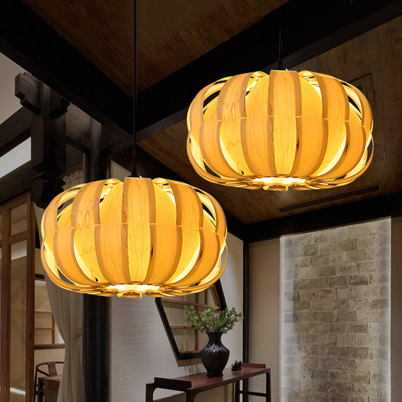 Strap Pumpkin Parlor Hanging Light Kit Wooden 2 Lights Asian Suspension Pendant in Beige Clearhalo 'Ceiling Lights' 'Pendant Lights' 'Pendants' Lighting' 1458334