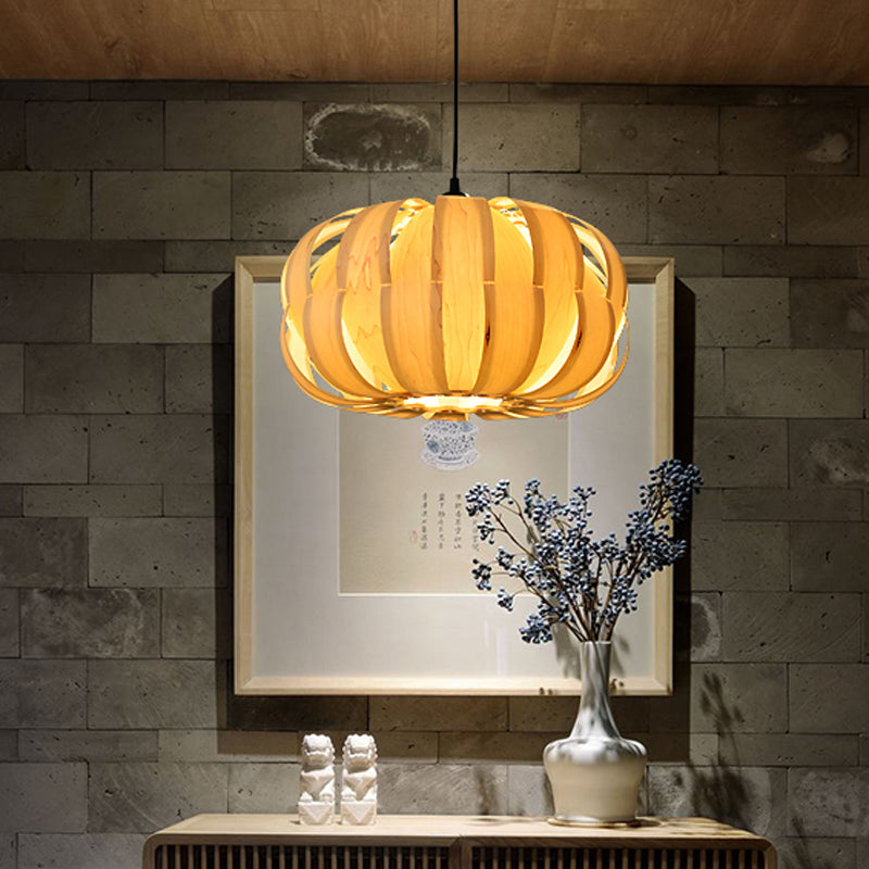 Strap Pumpkin Parlor Hanging Light Kit Wooden 2 Lights Asian Suspension Pendant in Beige Clearhalo 'Ceiling Lights' 'Pendant Lights' 'Pendants' Lighting' 1458335