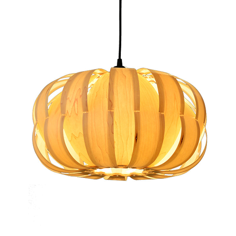 Strap Pumpkin Parlor Hanging Light Kit Wooden 2 Lights Asian Suspension Pendant in Beige Clearhalo 'Ceiling Lights' 'Pendant Lights' 'Pendants' Lighting' 1458336