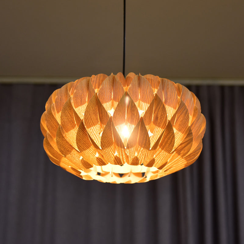 Drum Shaped Lotus Pendant Lamp Chinese Style Wood Single Beige Suspension Lighting for Tearoom Clearhalo 'Ceiling Lights' 'Pendant Lights' 'Pendants' Lighting' 1458338