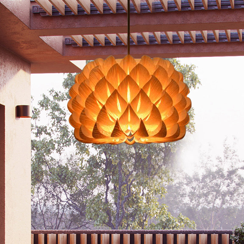 Blooming Hand Woven Wood Pendant Lighting Asia 1-Light Beige Suspended Lighting Fixture Wood Clearhalo 'Ceiling Lights' 'Pendant Lights' 'Pendants' Lighting' 1458343_3daa2afe-6cbd-4f03-86c4-3f37f7b72a89