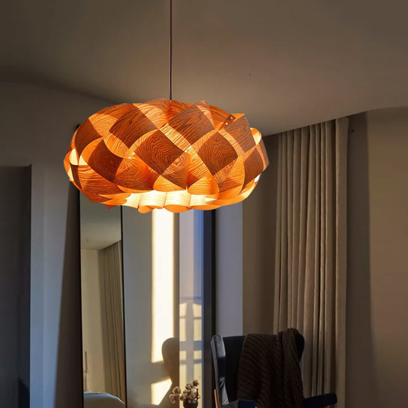 Asian Drum Shade Hanging Pendant Stranded-Weaving Wood Single Hotel Ceiling Light Fixture in Beige Clearhalo 'Ceiling Lights' 'Pendant Lights' 'Pendants' Lighting' 1458350