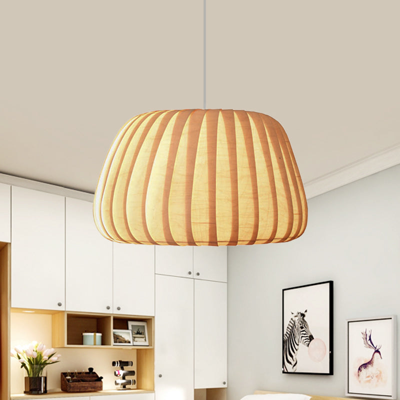 1-Light Office Pendulum Light Modern Beige Pendant Lighting Fixture with Pumpkin Wood Shade Clearhalo 'Ceiling Lights' 'Pendant Lights' 'Pendants' Lighting' 1458354