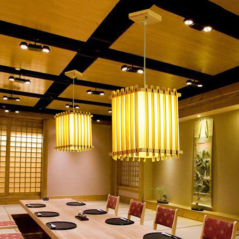 Asian 1 Bulb Pendant Lighting Wooden Beige Rectangular Cage Ceiling Lamp over Table Clearhalo 'Ceiling Lights' 'Pendant Lights' 'Pendants' Lighting' 1458379