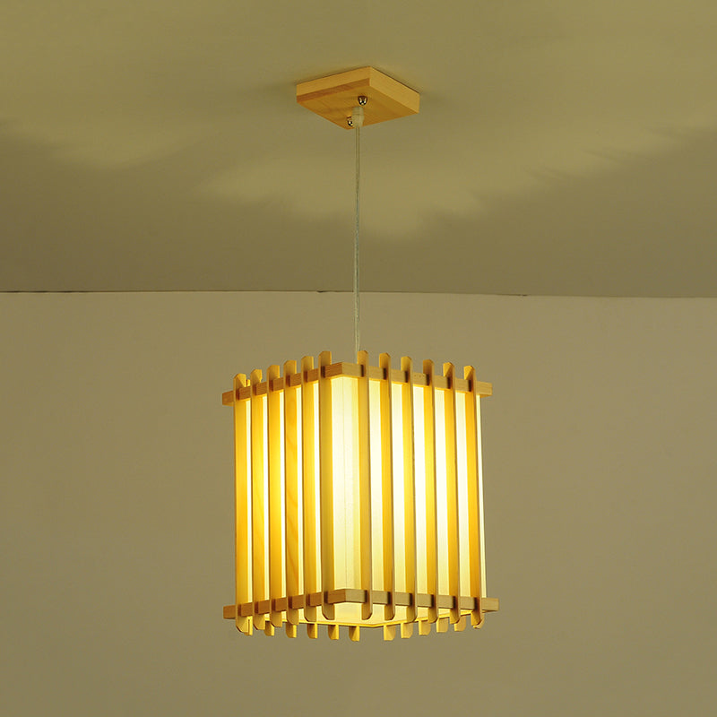 Asian 1 Bulb Pendant Lighting Wooden Beige Rectangular Cage Ceiling Lamp over Table Clearhalo 'Ceiling Lights' 'Pendant Lights' 'Pendants' Lighting' 1458382