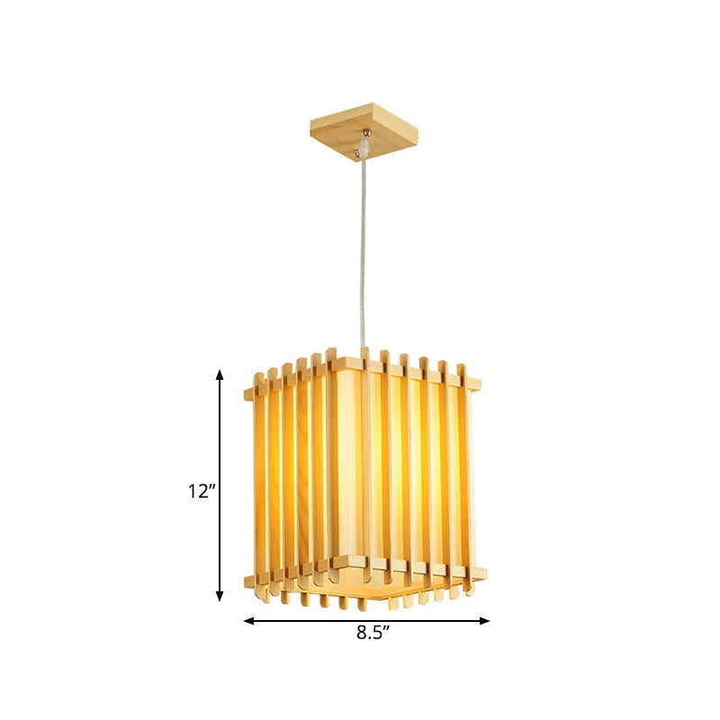 Asian 1 Bulb Pendant Lighting Wooden Beige Rectangular Cage Ceiling Lamp over Table Clearhalo 'Ceiling Lights' 'Pendant Lights' 'Pendants' Lighting' 1458383