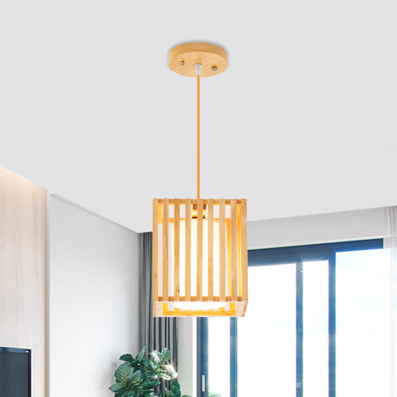 Square Cage Pendant Light Kit Modern Wooden 1 Light Beige Hanging Ceiling Light with Inner Fabric Shade Beige Clearhalo 'Ceiling Lights' 'Pendant Lights' 'Pendants' Lighting' 1458395_e6b22ffa-1c18-4c70-b5ed-987b35eb0d86