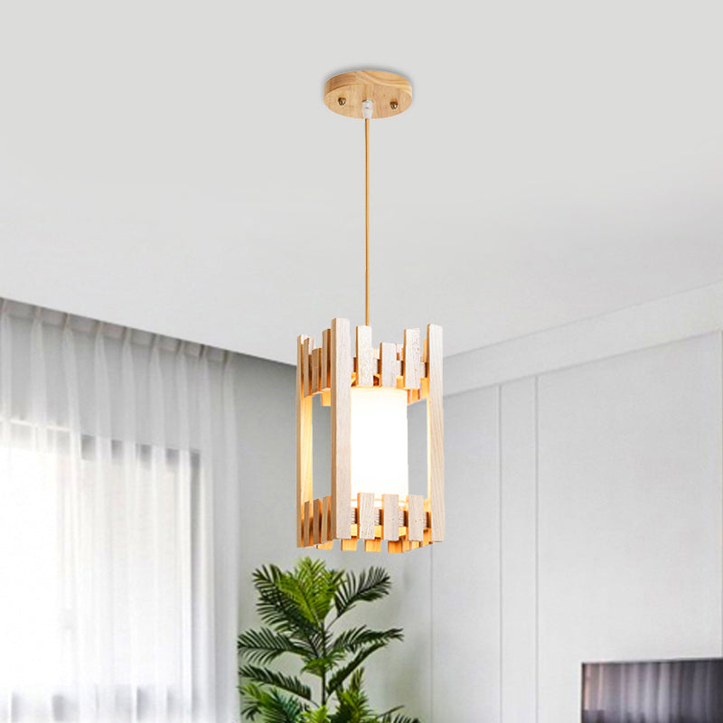 Cylinder Shade Bistro Pendant Light Fabric 1 Head Asia Suspension Lighting with Wood Cage Guard Wood Clearhalo 'Ceiling Lights' 'Pendant Lights' 'Pendants' Lighting' 1458405_320ff1d6-43c0-4a1f-b915-76b2d8652fb5