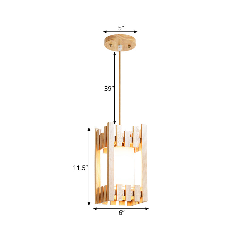 Cylinder Shade Bistro Pendant Light Fabric 1 Head Asia Suspension Lighting with Wood Cage Guard Clearhalo 'Ceiling Lights' 'Pendant Lights' 'Pendants' Lighting' 1458409