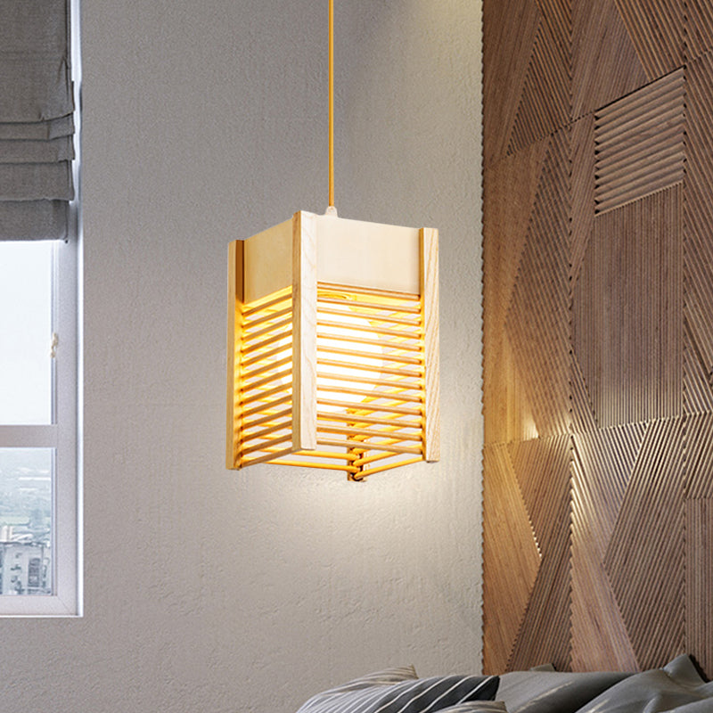 Cage Sushi House Suspension Light Wood 1 Light Japanese Style Drop Pendant in Beige Clearhalo 'Ceiling Lights' 'Pendant Lights' 'Pendants' Lighting' 1458415