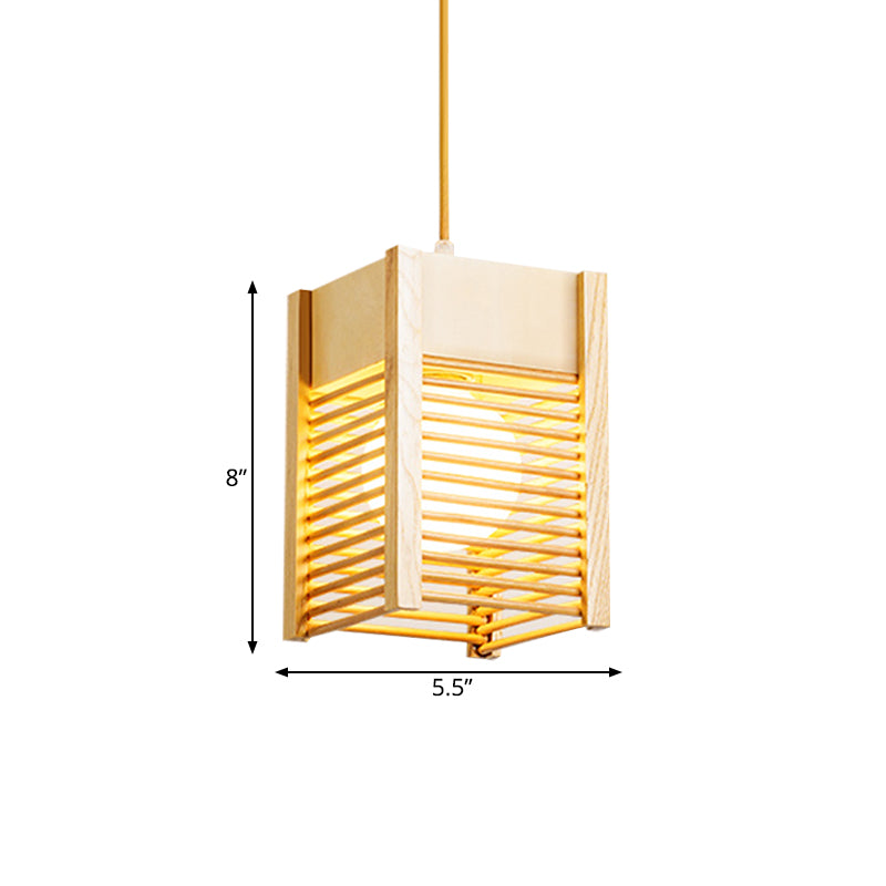 Cage Sushi House Suspension Light Wood 1 Light Japanese Style Drop Pendant in Beige Clearhalo 'Ceiling Lights' 'Pendant Lights' 'Pendants' Lighting' 1458419