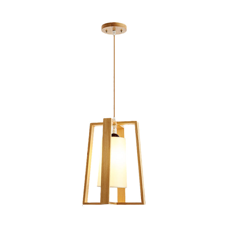 Cross Trapezoid Frame Pendant Asian Wooden 1-Light Dining Table Hanging Ceiling Light with Tapered Fabric Shade Clearhalo 'Ceiling Lights' 'Pendant Lights' 'Pendants' Lighting' 1458422