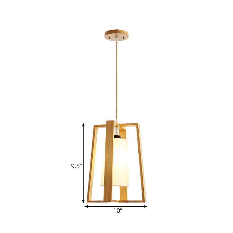 Cross Trapezoid Frame Pendant Asian Wooden 1-Light Dining Table Hanging Ceiling Light with Tapered Fabric Shade Clearhalo 'Ceiling Lights' 'Pendant Lights' 'Pendants' Lighting' 1458424