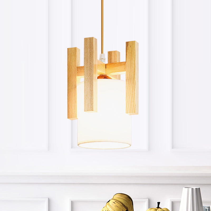 White Barrel Small Hanging Light Japanese Single Fabric Suspension Pendant Light with Wood Cage Top Clearhalo 'Ceiling Lights' 'Pendant Lights' 'Pendants' Lighting' 1458425