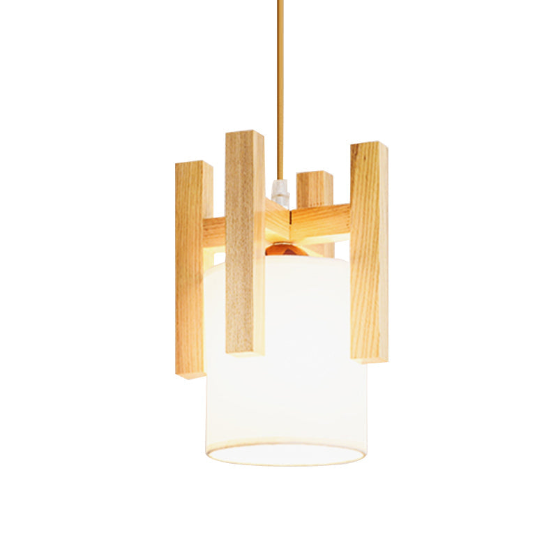 White Barrel Small Hanging Light Japanese Single Fabric Suspension Pendant Light with Wood Cage Top Clearhalo 'Ceiling Lights' 'Pendant Lights' 'Pendants' Lighting' 1458427