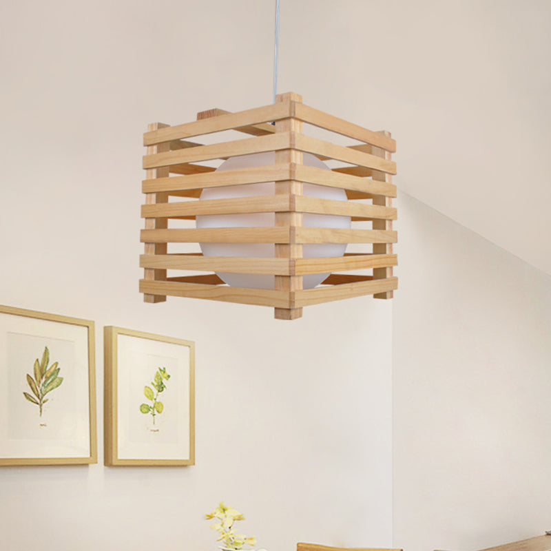 Japanese Globe White Glass Pendant 1 Light Hanging Lamp Kit with Wood Cubic Cage for Dining Room Wood Clearhalo 'Ceiling Lights' 'Pendant Lights' 'Pendants' Lighting' 1458430_5f735f82-fbd4-4546-9726-43545f136a18