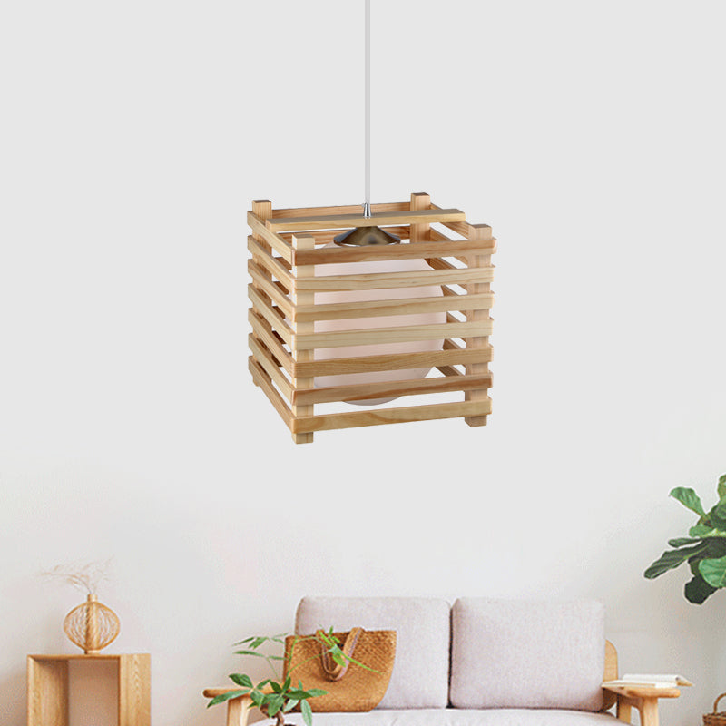 Japanese Globe White Glass Pendant 1 Light Hanging Lamp Kit with Wood Cubic Cage for Dining Room Clearhalo 'Ceiling Lights' 'Pendant Lights' 'Pendants' Lighting' 1458431