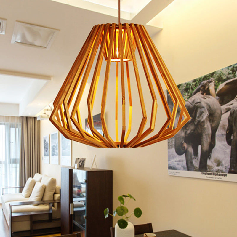 Natural Wood Diamond Cage Pendant Asia Single Head Hanging Light Fixture in Beige Wood Clearhalo 'Ceiling Lights' 'Pendant Lights' 'Pendants' Lighting' 1458435_894fb527-129c-453c-9d2a-034cb847d733