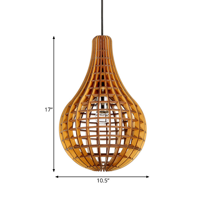 Gridded Raindrop Cage Pendant Lighting Minimalist Wooden 1-Light Brown Suspension Light Clearhalo 'Ceiling Lights' 'Pendant Lights' 'Pendants' Lighting' 1458444