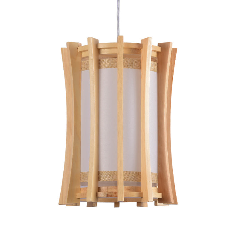 Cylindrical Pendant Light Fixture Asia PVC 1 Bulb Dinette Ceiling Lamp with Wood Cage in Beige Clearhalo 'Ceiling Lights' 'Pendant Lights' 'Pendants' Lighting' 1458447