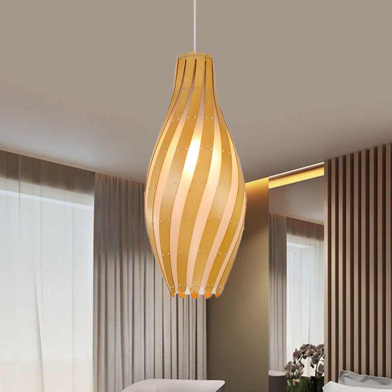 Modern Stylish 1-Light Hanging Light Beige Twisty Vase Suspension Pendant Light with Wood Shade, 6.5