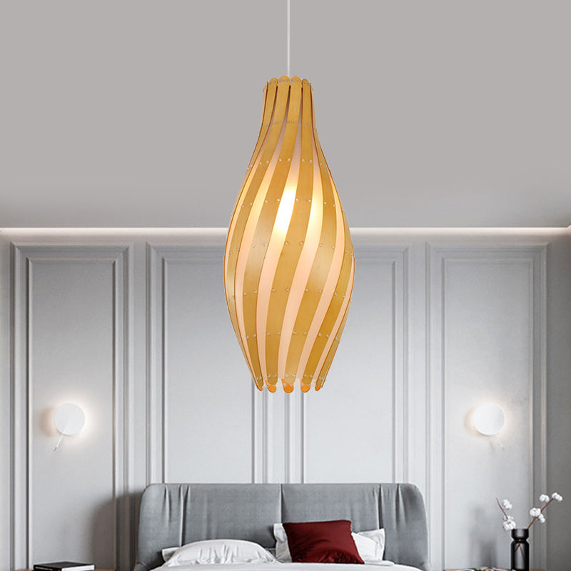 Modern Stylish 1-Light Hanging Light Beige Twisty Vase Suspension Pendant Light with Wood Shade, 6.5