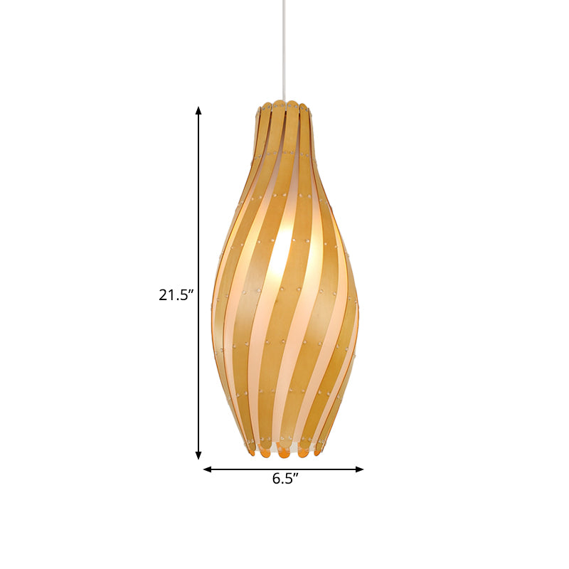 Modern Stylish 1-Light Hanging Light Beige Twisty Vase Suspension Pendant Light with Wood Shade, 6.5