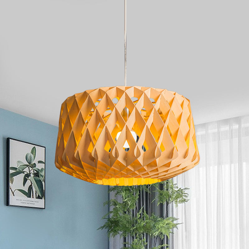 Crisscrossed Woven Wood Drum Drop Pendant Asian Stylish 1 Head Beige Ceiling Light Clearhalo 'Ceiling Lights' 'Pendant Lights' 'Pendants' Lighting' 1458461