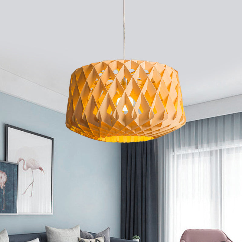 Crisscrossed Woven Wood Drum Drop Pendant Asian Stylish 1 Head Beige Ceiling Light Clearhalo 'Ceiling Lights' 'Pendant Lights' 'Pendants' Lighting' 1458462