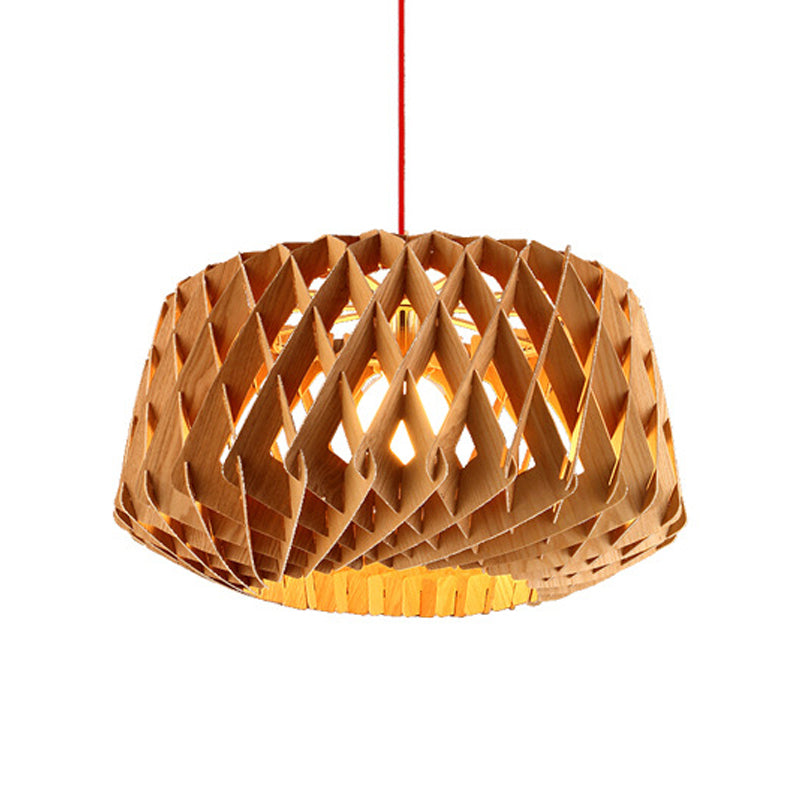 Crisscrossed Woven Wood Drum Drop Pendant Asian Stylish 1 Head Beige Ceiling Light Clearhalo 'Ceiling Lights' 'Pendant Lights' 'Pendants' Lighting' 1458463