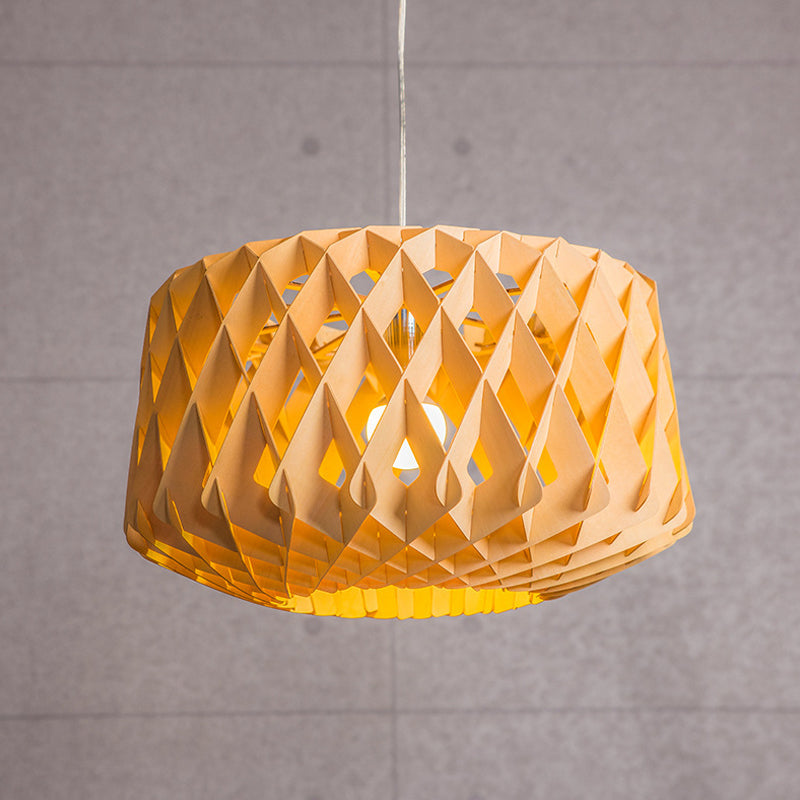 Crisscrossed Woven Wood Drum Drop Pendant Asian Stylish 1 Head Beige Ceiling Light Clearhalo 'Ceiling Lights' 'Pendant Lights' 'Pendants' Lighting' 1458464