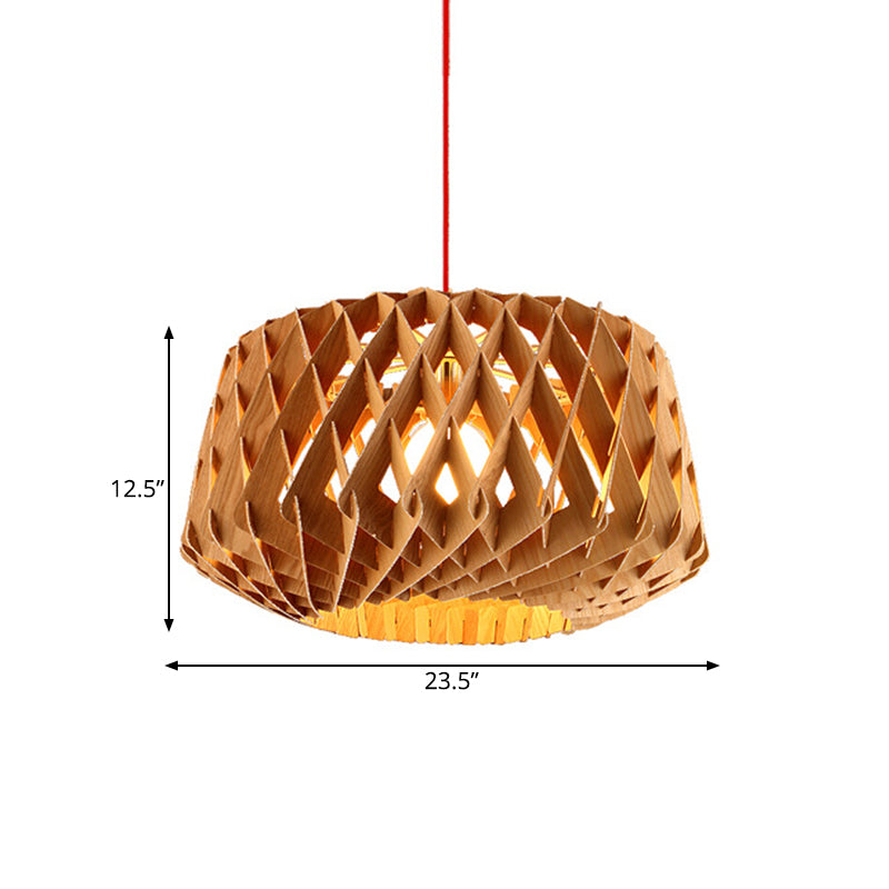 Crisscrossed Woven Wood Drum Drop Pendant Asian Stylish 1 Head Beige Ceiling Light Clearhalo 'Ceiling Lights' 'Pendant Lights' 'Pendants' Lighting' 1458465