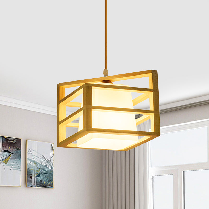 Rhombus Cage Kitchen Dinette Pendant Wooden 1 Head Asian Ceiling Hanging Light with Inner Frosted Glass Lamp Shade Wood Clearhalo 'Ceiling Lights' 'Pendant Lights' 'Pendants' Lighting' 1458471_d43b7461-f544-4b66-966f-886154057fdf