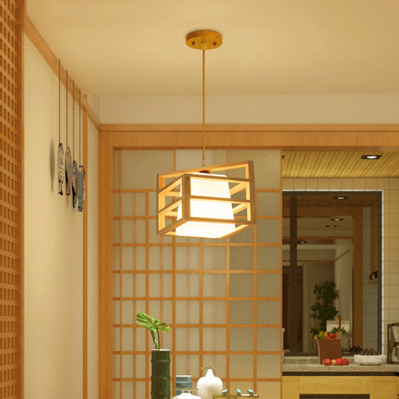 Rhombus Cage Kitchen Dinette Pendant Wooden 1 Head Asian Ceiling Hanging Light with Inner Frosted Glass Lamp Shade Clearhalo 'Ceiling Lights' 'Pendant Lights' 'Pendants' Lighting' 1458472