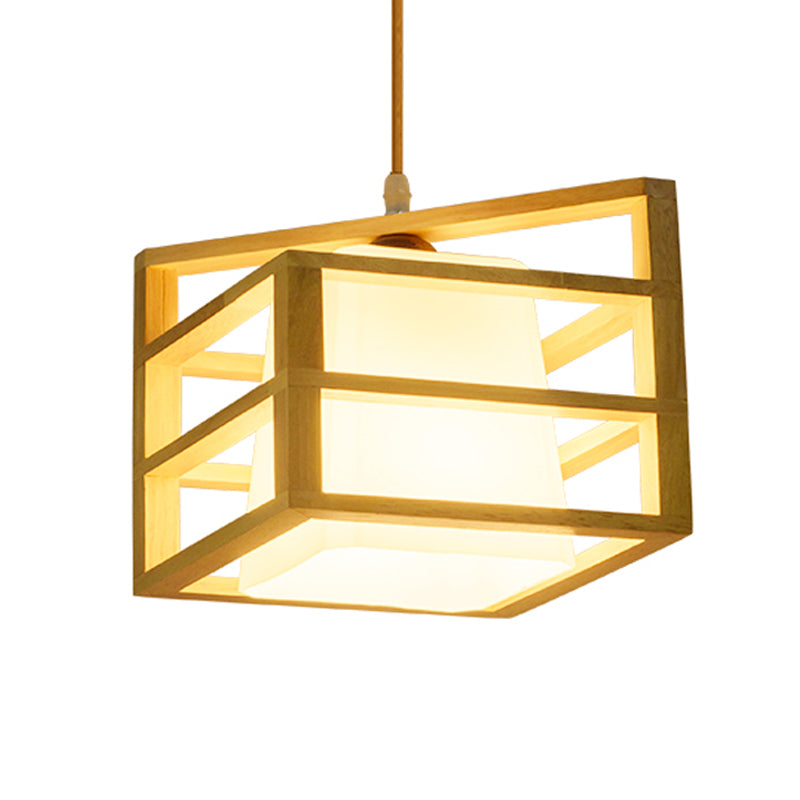 Rhombus Cage Kitchen Dinette Pendant Wooden 1 Head Asian Ceiling Hanging Light with Inner Frosted Glass Lamp Shade Clearhalo 'Ceiling Lights' 'Pendant Lights' 'Pendants' Lighting' 1458473