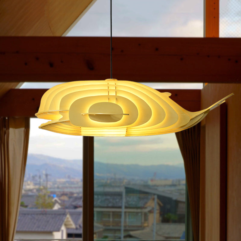 Japanese Style Whale Drop Pendant Wood 1 Head Sushi Restaurant Hanging Lamp Kit in Beige Clearhalo 'Ceiling Lights' 'Pendant Lights' 'Pendants' Lighting' 1458526