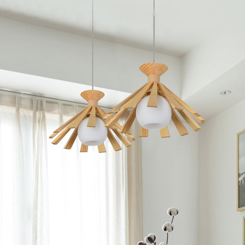 Cottage 1-Light Hanging Light Opal Frosted Open Glass Ball Pendant Ceiling Light with Wood Tapered Cap Clearhalo 'Ceiling Lights' 'Pendant Lights' 'Pendants' Lighting' 1458532