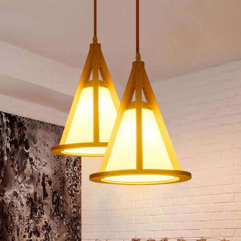 Horn Shaped Cage Wood Pendant Lamp Japanese Single Bulb Beige Ceiling Light with Shade Clearhalo 'Ceiling Lights' 'Pendant Lights' 'Pendants' Lighting' 1458536