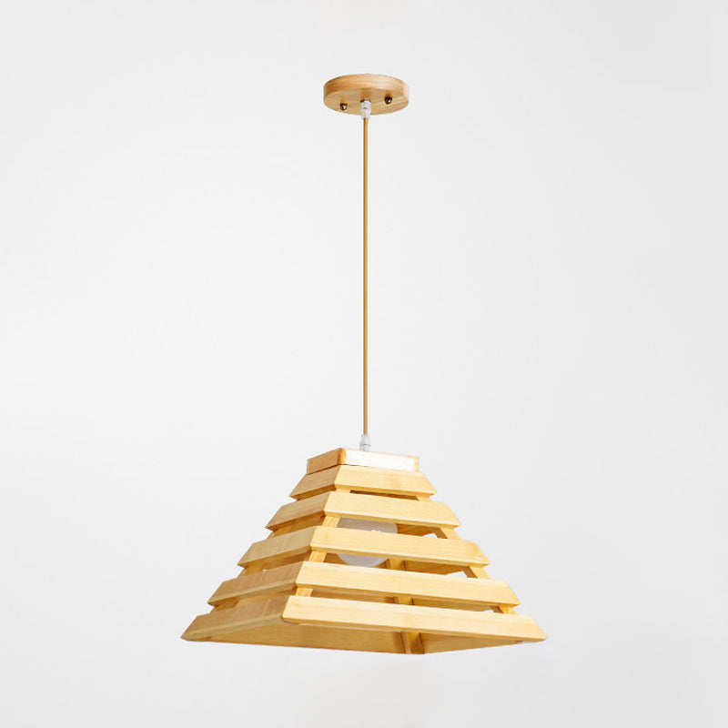 Pyramid Suspension Light Asian Wooden 1 Bulb Dining Table Pendant Lighting with Cage Design in Beige Clearhalo 'Ceiling Lights' 'Pendant Lights' 'Pendants' Lighting' 1458544