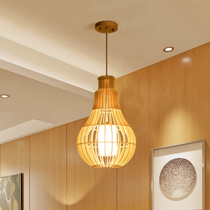 Beige Droplet Ceiling Suspension Lamp Asian 1 Bulb Wooden Hanging Pendant with Inner Tube Fabric Shade Beige Clearhalo 'Ceiling Lights' 'Pendant Lights' 'Pendants' Lighting' 1458557_a40cffad-fb95-4f3a-b031-8dcbeceb66e4