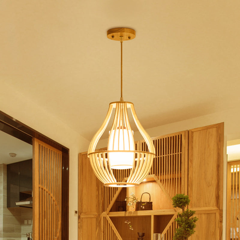 Wood Basket Suspension Pendant Light Farmhouse 1 Bulb Beige Ceiling Fixture with Fabric Lamp Shade Clearhalo 'Ceiling Lights' 'Pendant Lights' 'Pendants' Lighting' 1458573